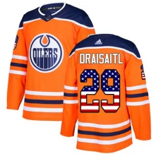 Miesten Edmonton Oilers Leon Draisaitl 29 Pelipaita USA Flag Fashion Oranssi Authentic