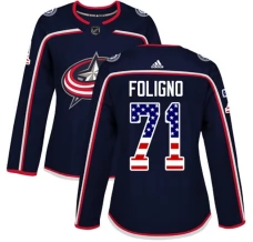 Naisten Columbus Blue Jackets Nick Foligno 71 Pelipaita USA Flag Fashion Navy Authentic